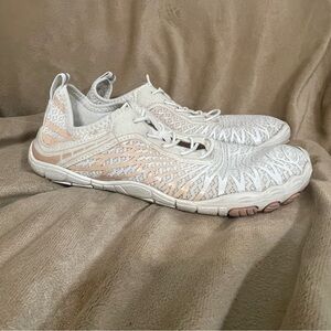 Hike Footwear Women's White and Light Pink Knit Slip-On Sneakers.